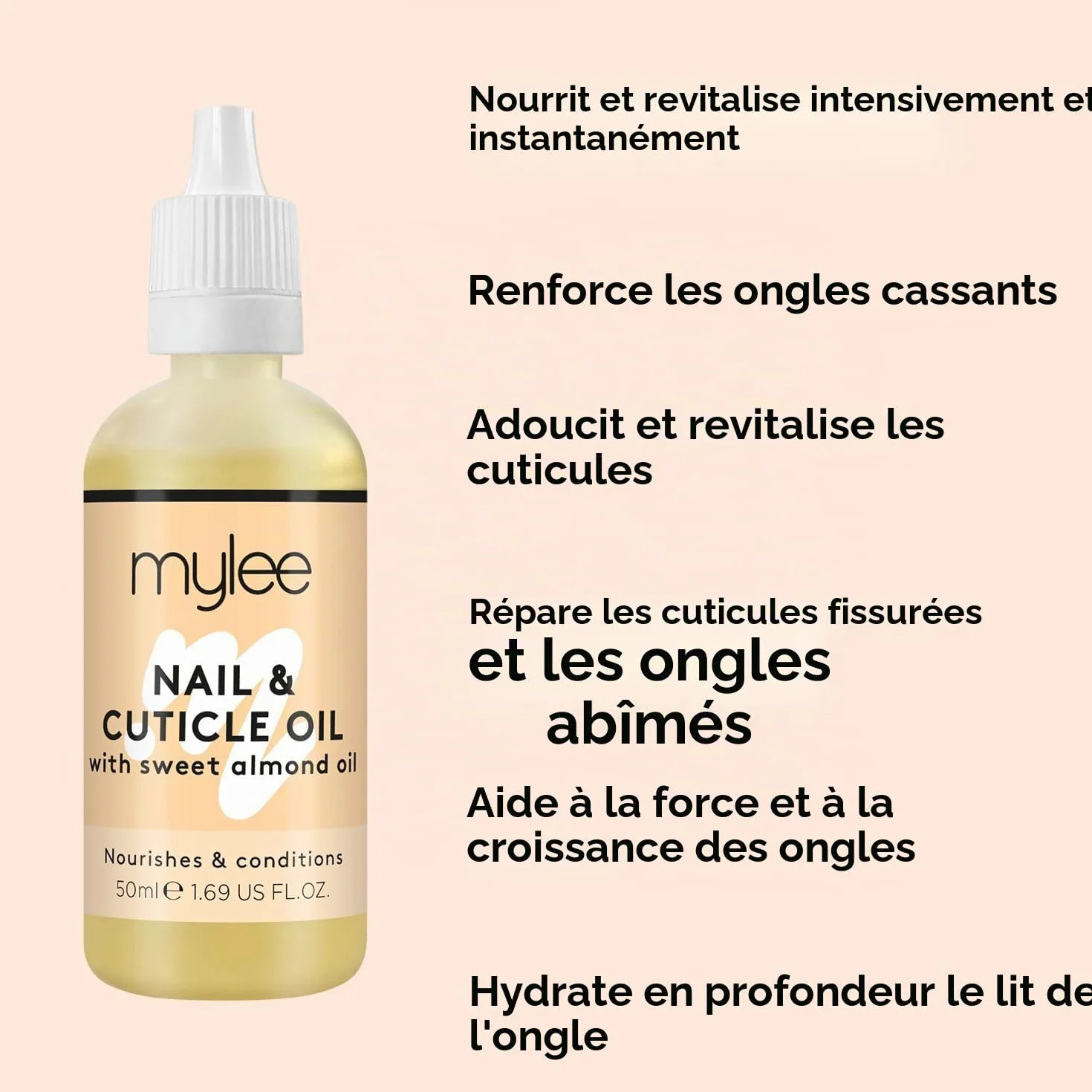 Mylee Huile pour Ongles et Cuticules à l'Amande Douce 50ml – Hydratation Nourrissante Non Grasse Sans Résidu