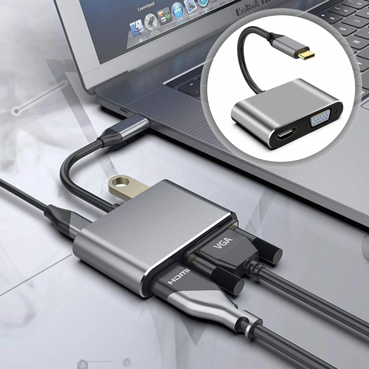 Adaptateur USB C vers HDMI VGA USB 3.0 PD 4 en 1 Hub Multiport Charge 100W pour MacBook Chromebook HDTV
