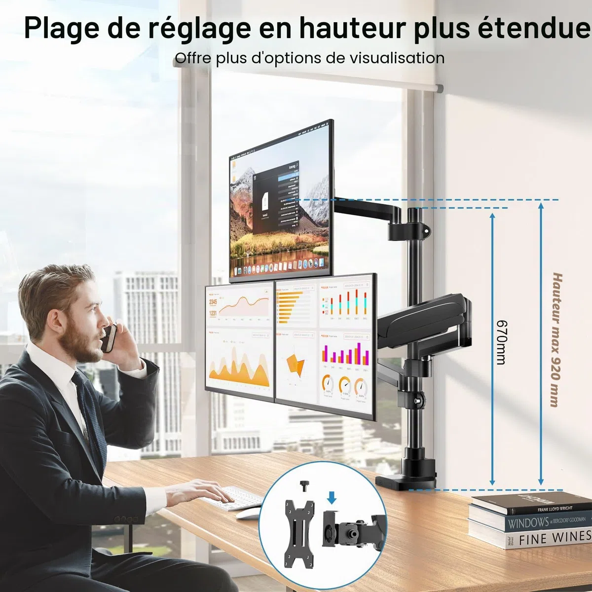PUTORSEN Support 3 Ecran PC pour Écran de 17 à 32 Pouces, Support Triple Ecran, Capacité de Poids de 9kg par Bras, Support d'écran Pivotant et Inclinable, Support Ecran PC 3 Ecran, VESA 75/100 mm