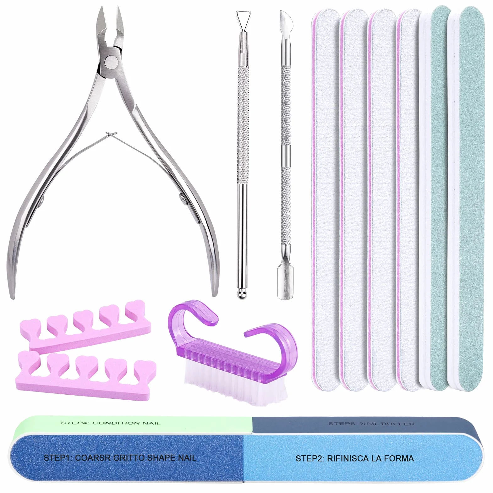 Kiiwah Lot de Limes à Ongles Professionnelle 13pcs avec Pousse Cuticule, Bloc Polissoir 7 Faces, Brosse et Séparateur