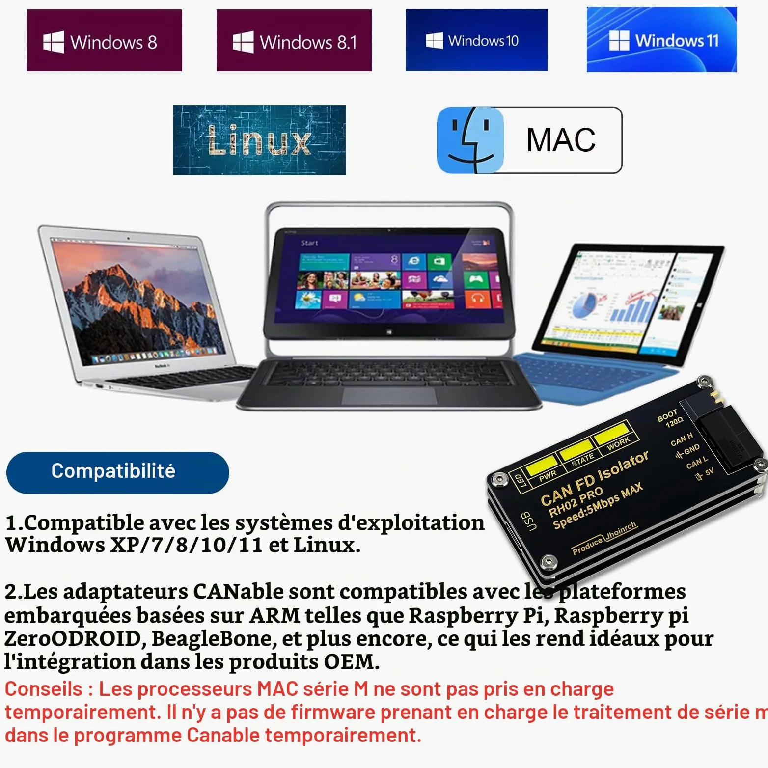 Adaptateur convertisseur USB vers CAN‑FD à isolation jusqu'à 5 Mbps | Construit sur Canable 2.0,isolation du signal et de l’alimentation,circuits de protections multiples TVS/ESD/GDT intégrés