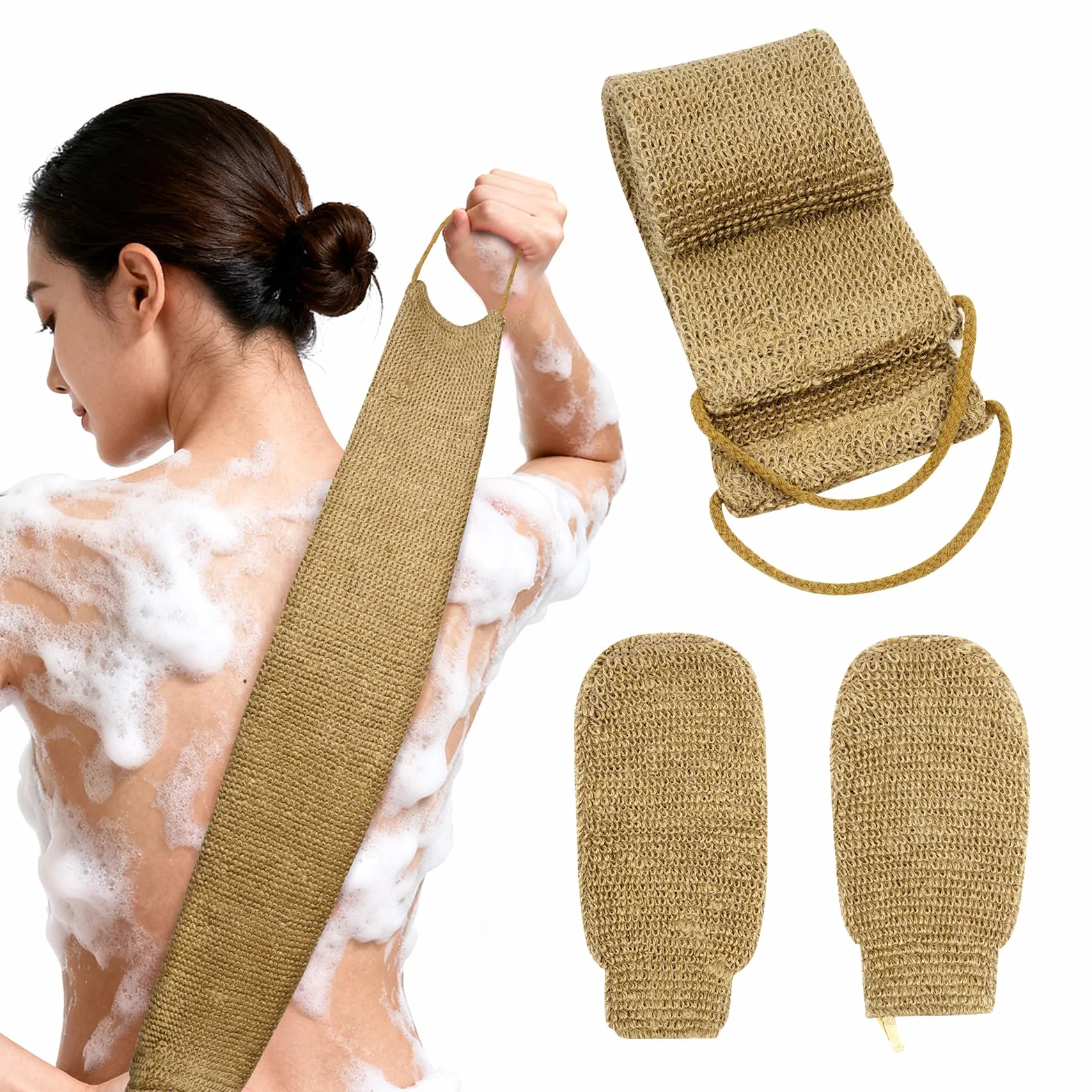 Ensemble de Gommage Dorsal en Jute avec Gants Exfoliants, Serviette Extra Longue et Sangle Naturelle
