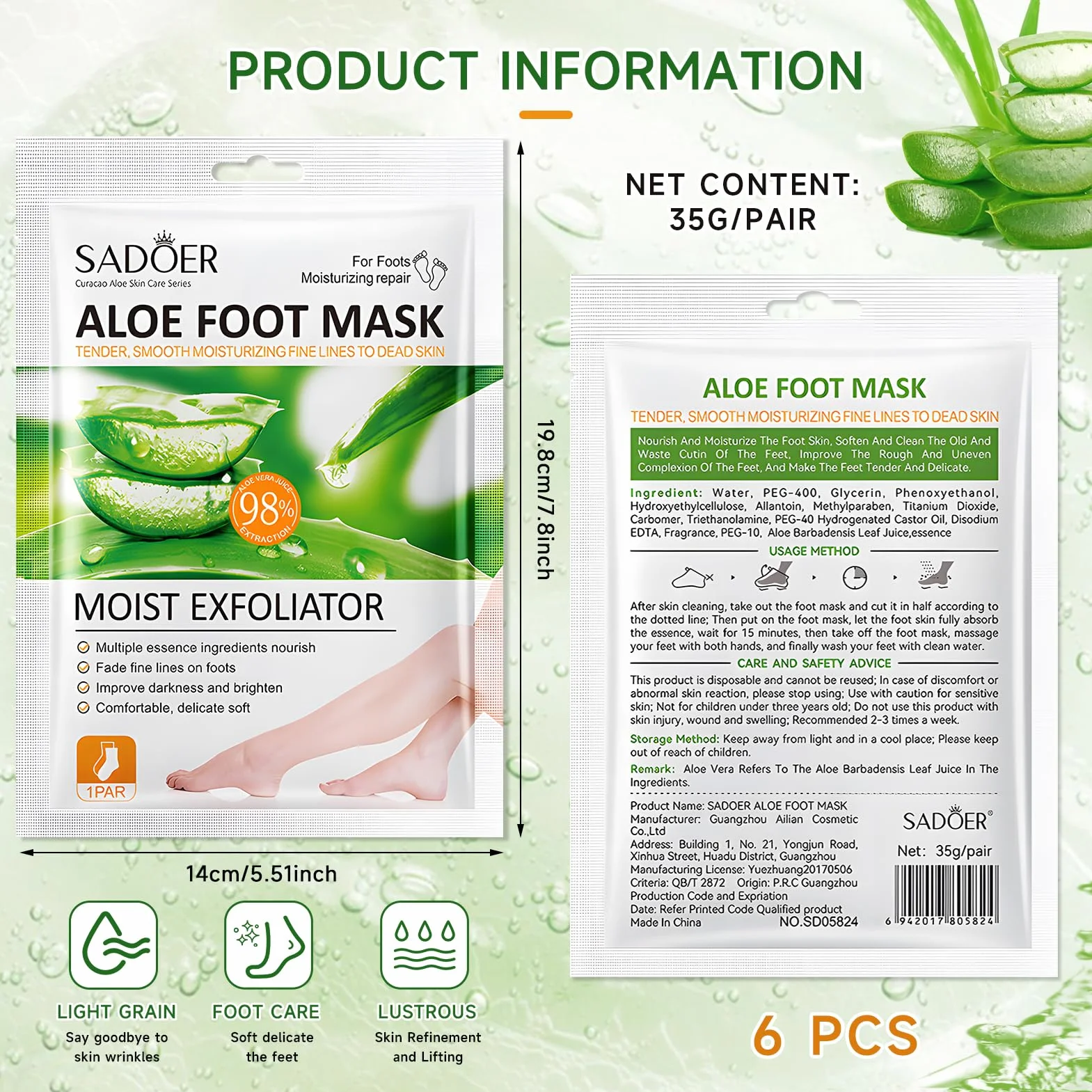 Masque Peeling Pied Aloe Vera Exfoliant Nourrissant Hydratant pour Femmes Hommes