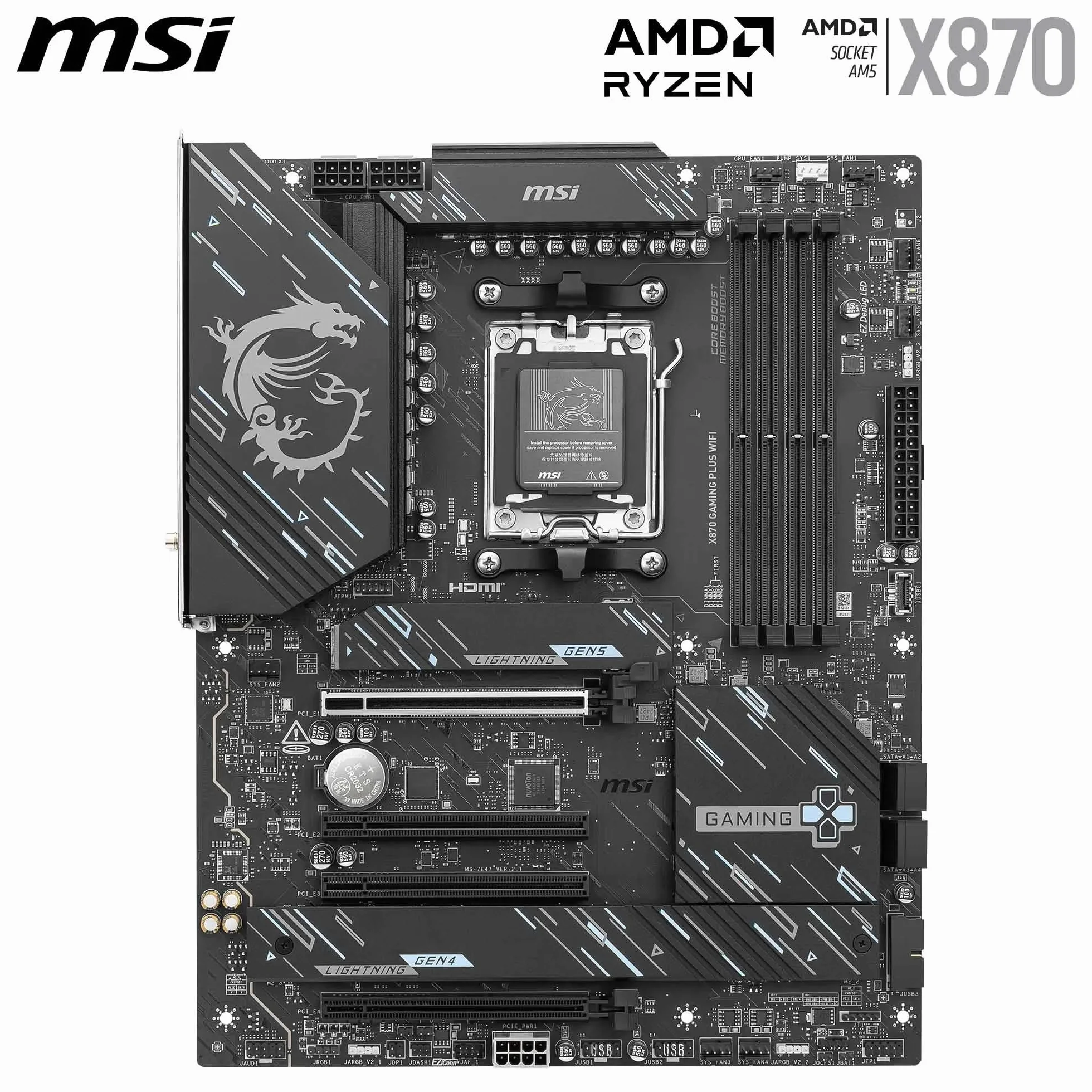 MSI Carte mère X870 Gaming Plus WiFi V1, ATX prend en charge les processeurs AMD Ryzen 9000/8000/7000, AM5-60A SPS VRM, DDR5 Memory Boost 8200+ MT/s (OC), PCIe 5.0 x16 & 4.0 x16, M.2 Gen5, Wi-Fi 7, 5G