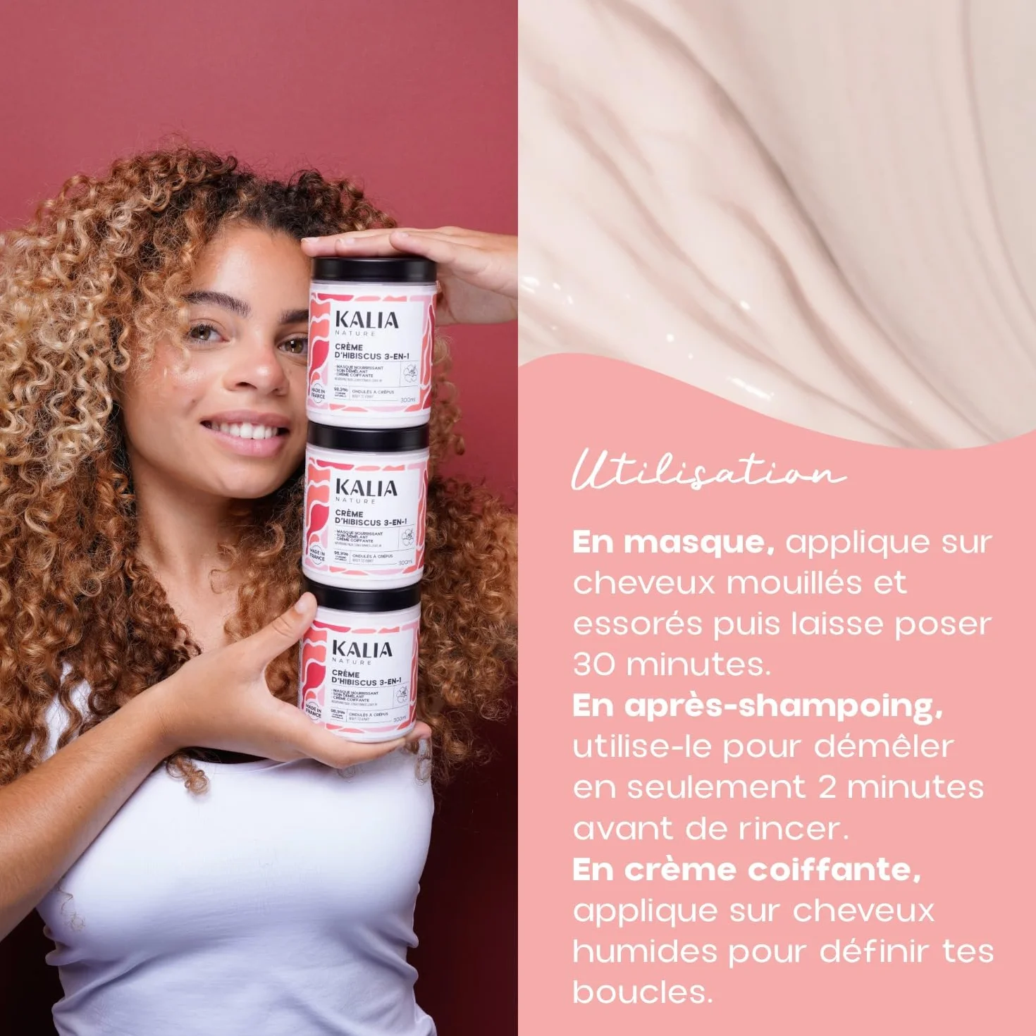 Kalia Nature Crème d’Hibiscus 300 ml Crème cheveux bouclés 3-en-1 Leave in Soin capillaire naturel