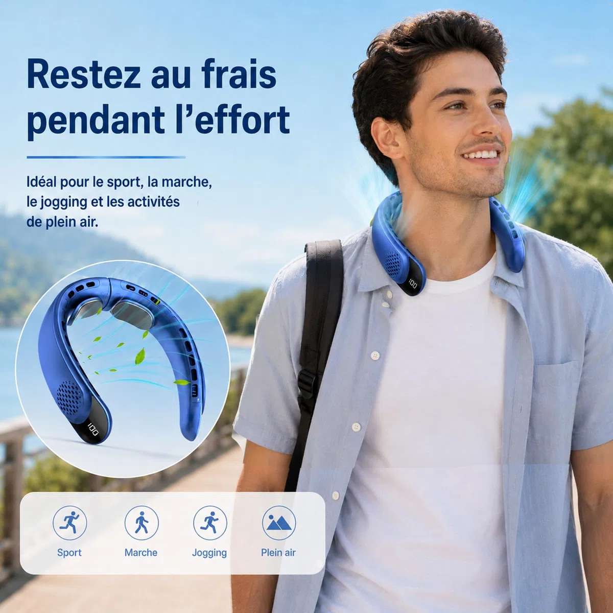 Ventlateur de cou 4000 mAh ventilateur portable 3 vitesses affichage LED 360 degres cooling ventilateur de nuque 50DB faible bruit