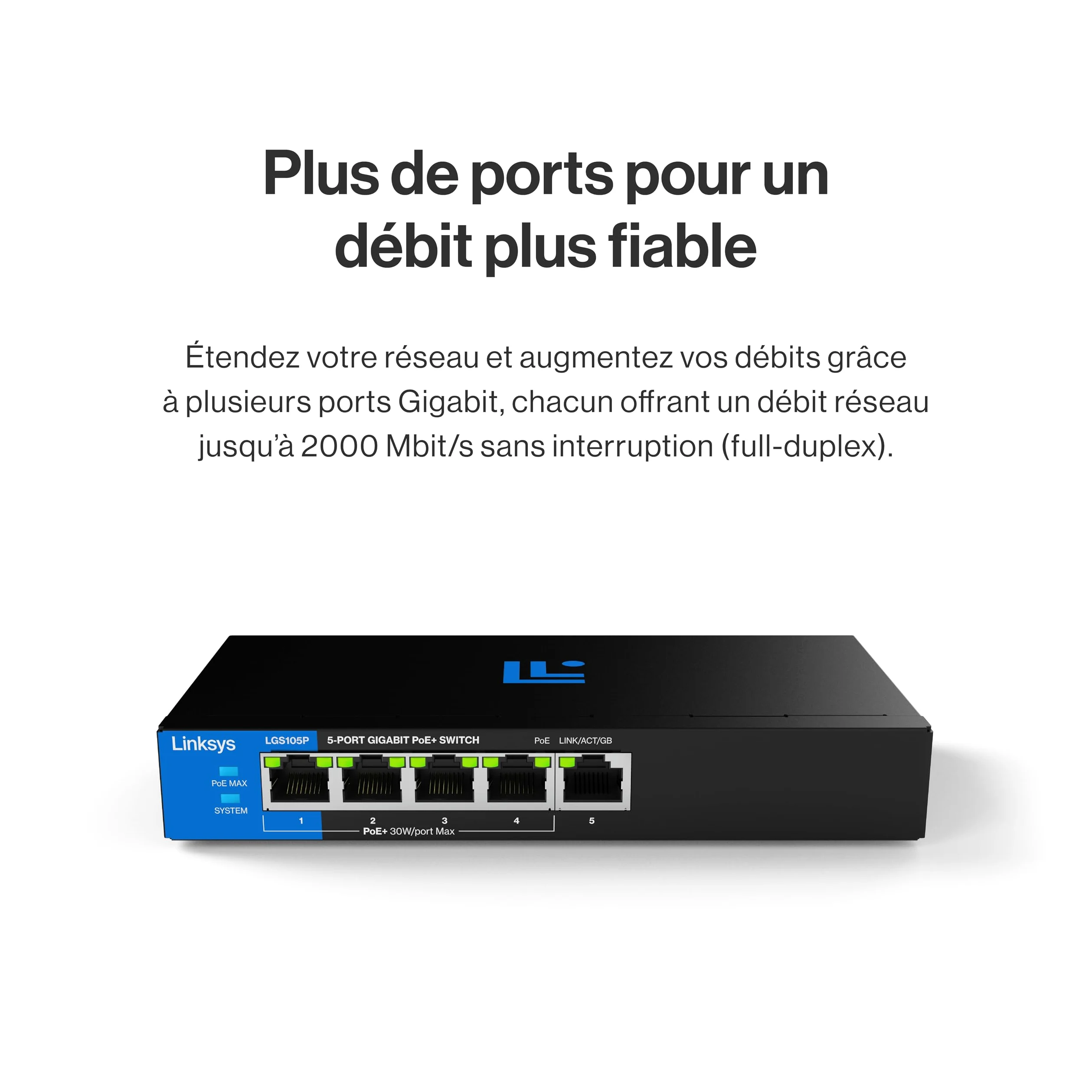 Switch PoE+ Gigabit 5 ports non manageable Linksys | Ethernet écoénergétique | Contrôle de flux Full-Duplex | Idéal pour les petites entreprises et les bureaux à domicile | Conception sans ventilateur