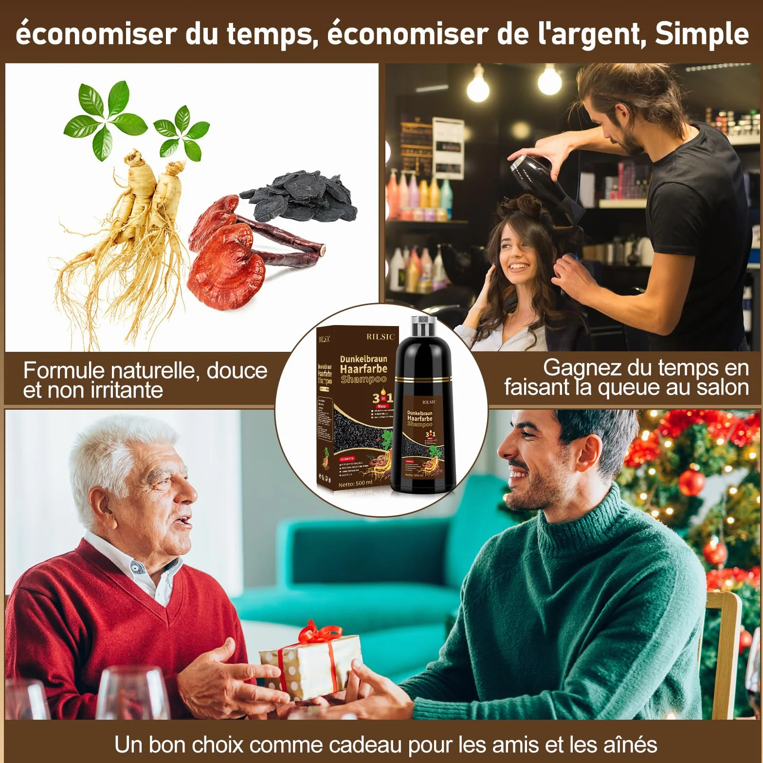 Shampoing Colorant Chatain Foncé 500ml, Shampooing Teinture Cheveux Blancs, Dark Brown Hair Dye Shampoo 3 in 1