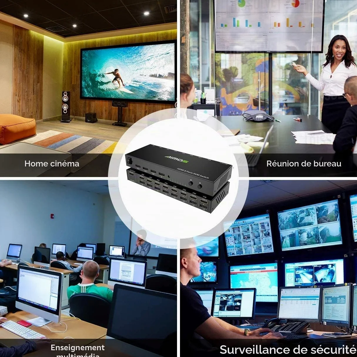 AIMOS KVM Switch HDMI, USB Commutateur 8 Port avec 4K@30Hz Ultra HD 1080P 3D avec Windows 2000/XP/Vista Linux et Mac pour PC Surveiller Clavier Souris