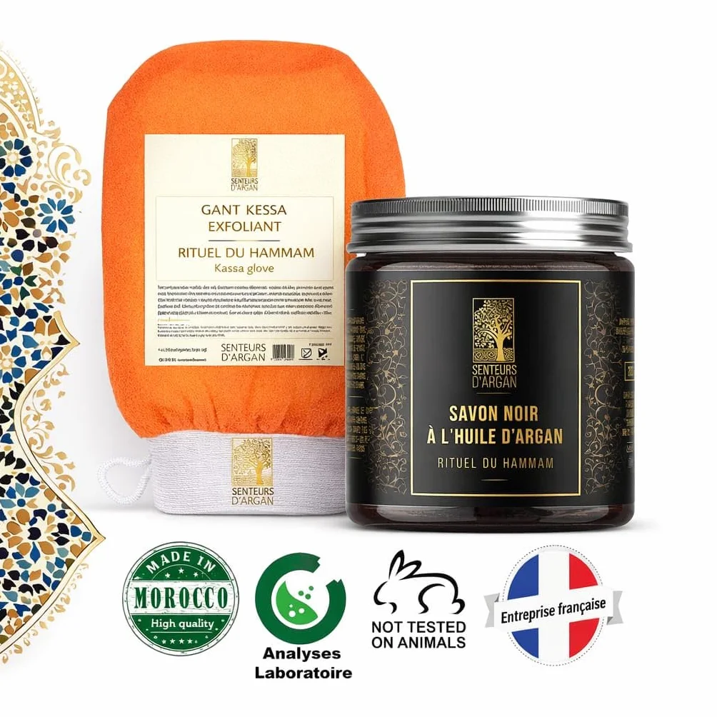Gant de gommage kessa exfoliant + Savon noir à l'huile d'argan pour hammam
