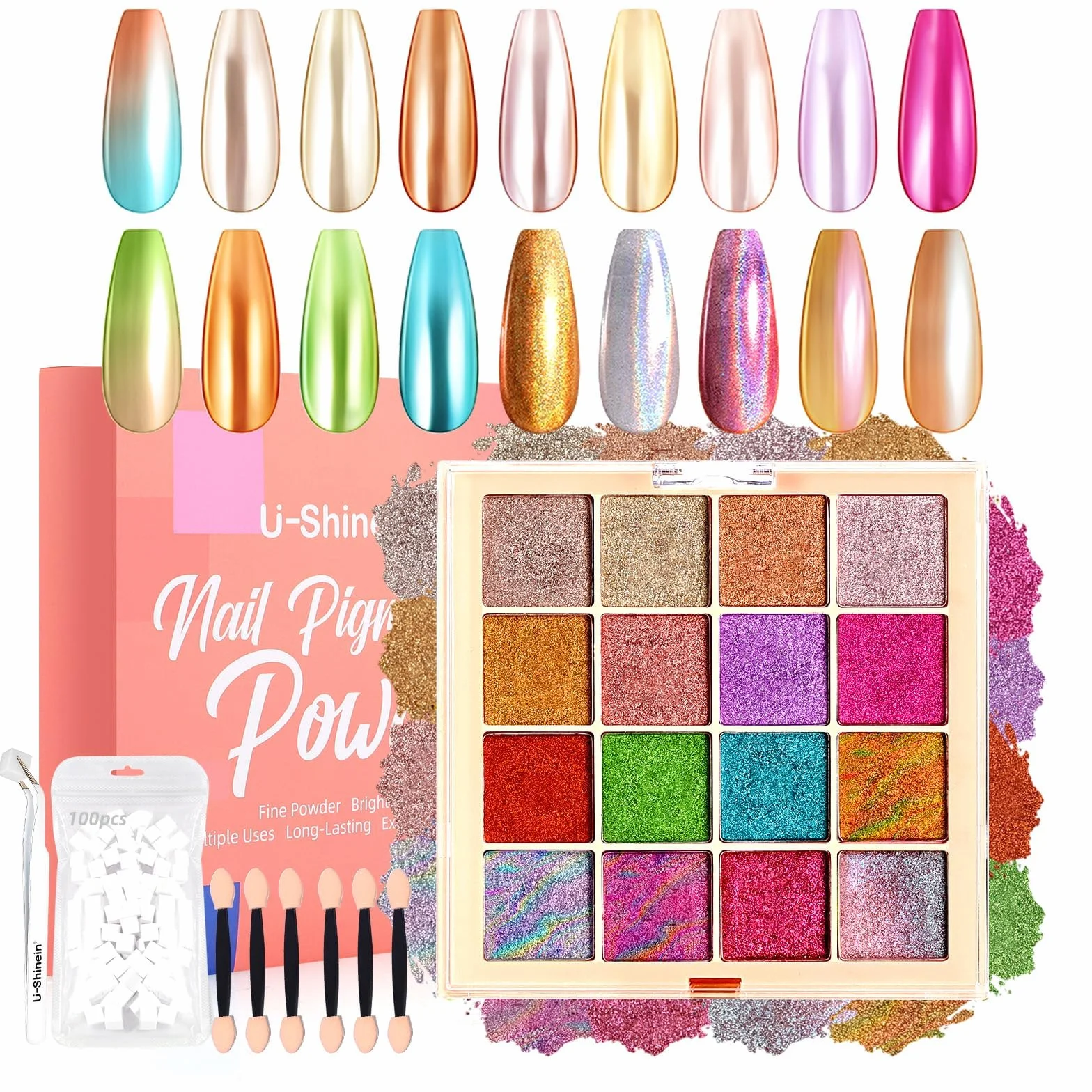 Palette de poudre pigmentée pour ongles 16 couleurs avec éponges et stylo French Aura