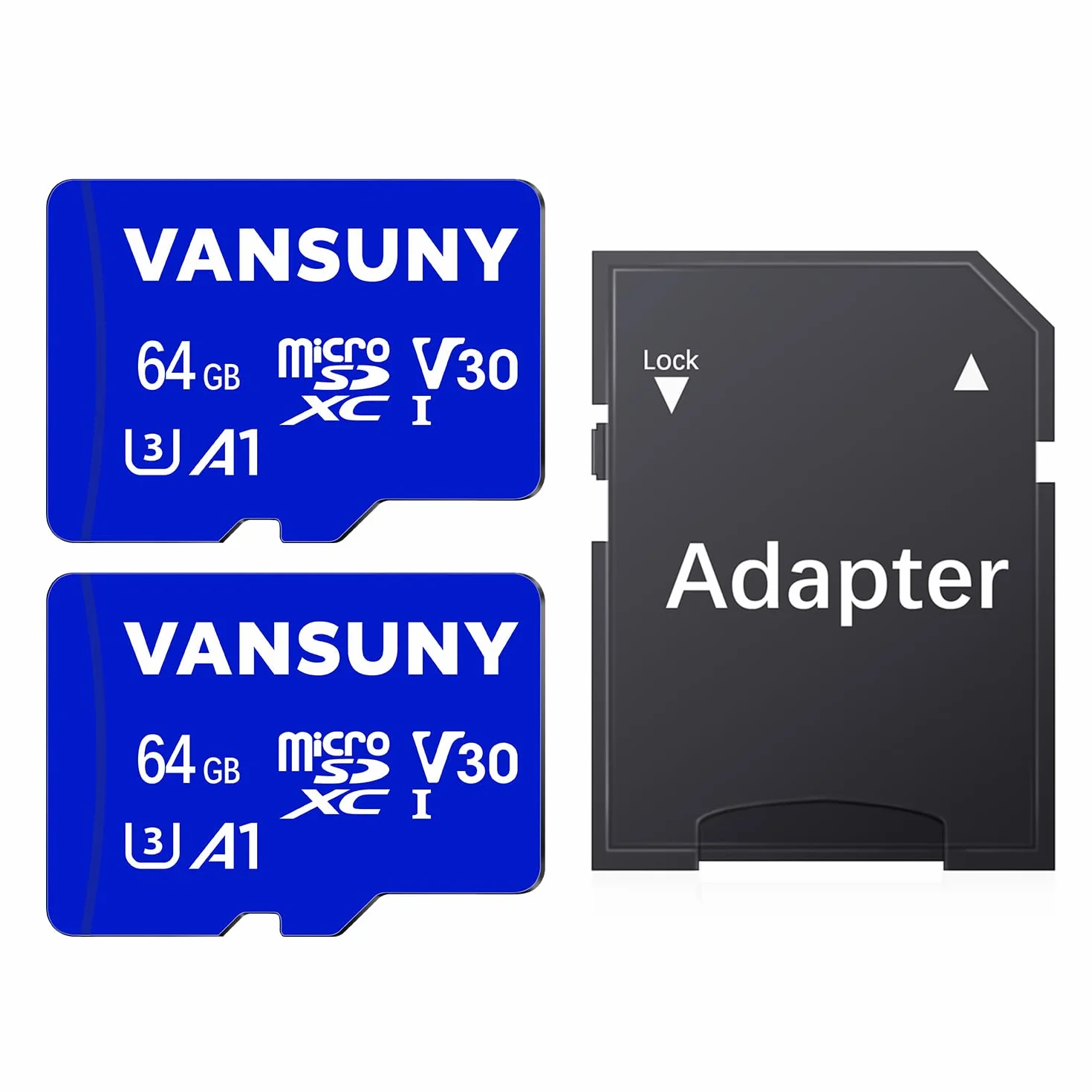 Lot de 2 Cartes SD 64Go Vansuny + Adaptateur SD, Micro SD A1 U3 C10 V30 90 Mo/s
