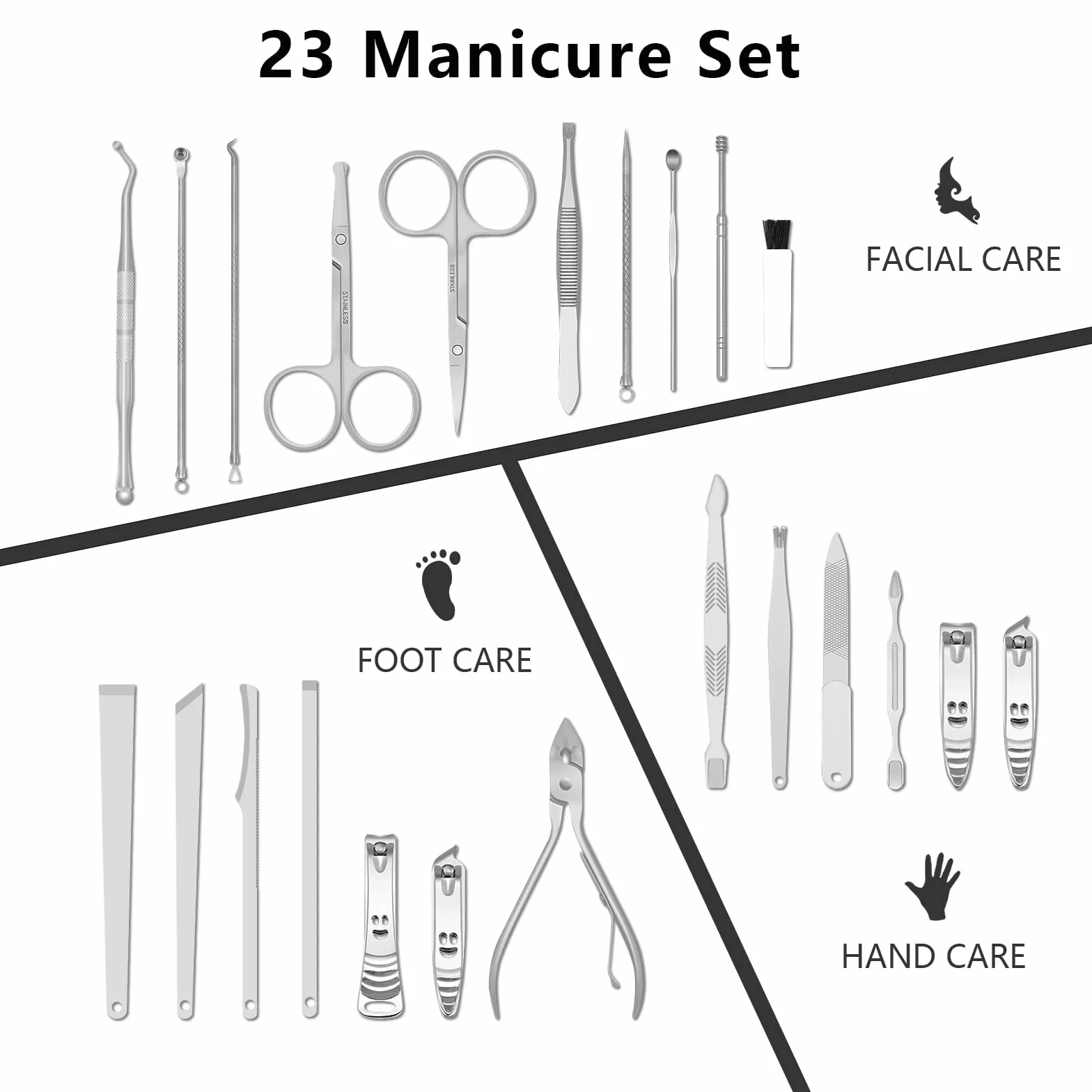 Professionnel Kit Manucure Pedicure Coupe Ongle Acier Inoxydable 23pcs Noir/Argent