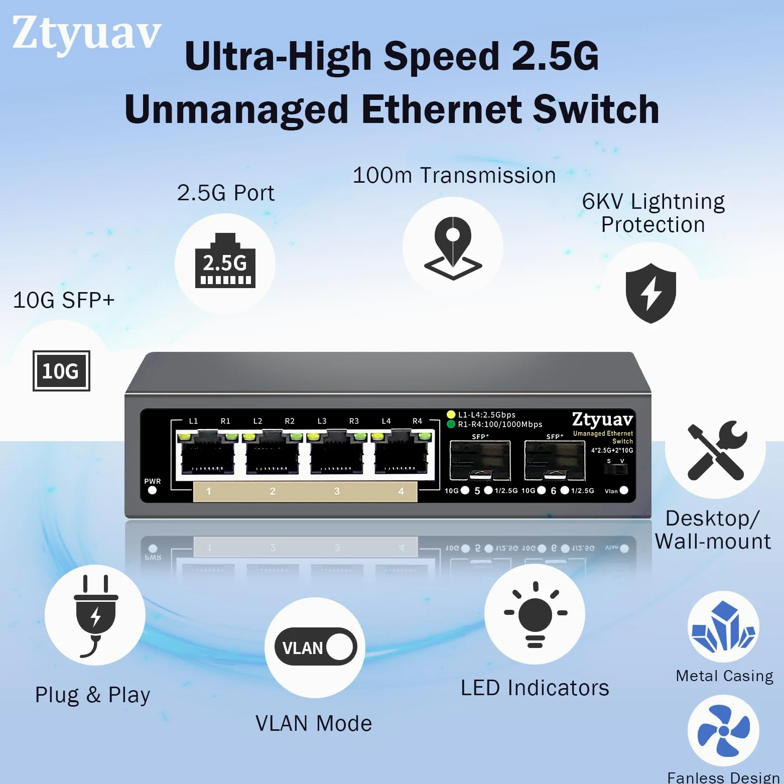 Commutateur Ethernet 2,5 G Non géré à 6 Ports avec 4 Ports RJ-45 Base-T 2,5 G, 2 Ports SFP + 10 G, Vitesse de négociation Automatique 100/1000/2500 Mbps, VLAN à Une Touche, Plug & Play, sans(6)