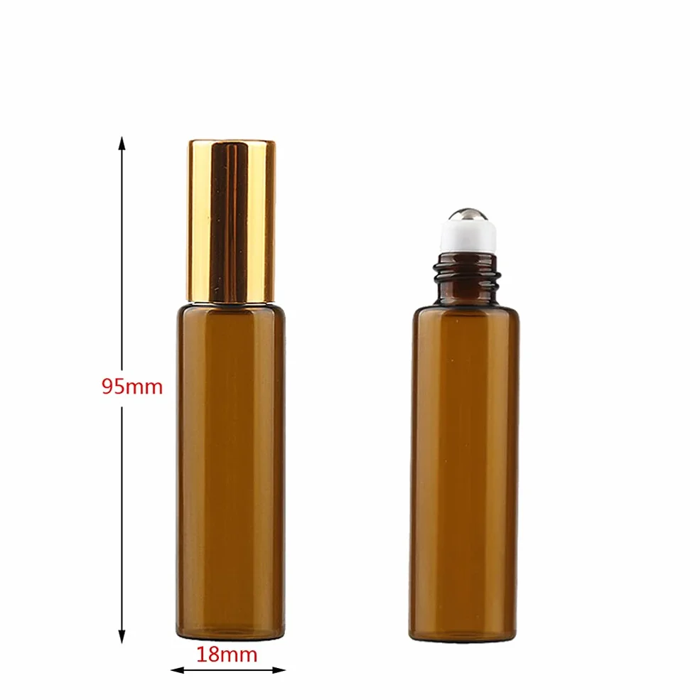 Flacons à Bille pour Huiles Essentielles 10ml – Bouteilles Roll On en Verre Marron Ambre avec Bouchon Or, Lot de 20