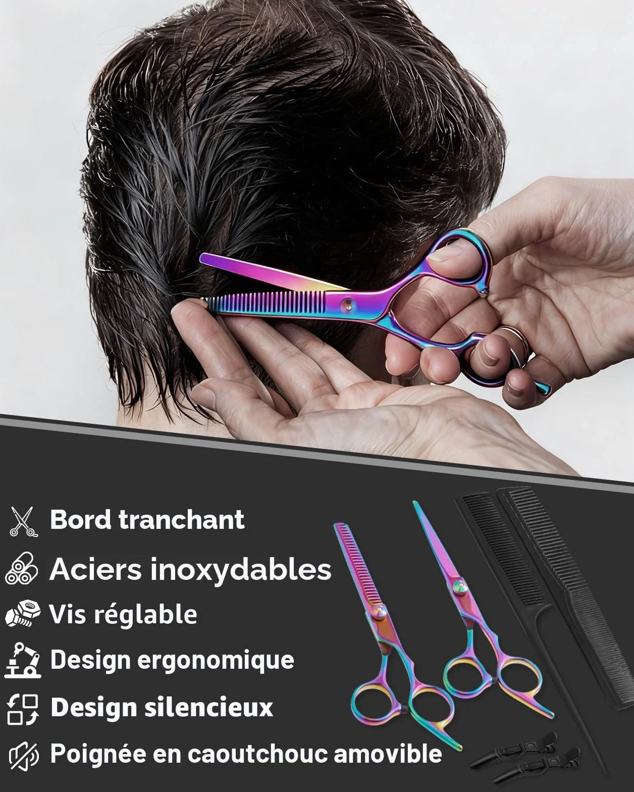 Lictin Ciseaux Coiffeur Professionnels 13 en 1 6.7" Acier Inoxydable avec Peigne Multicolore