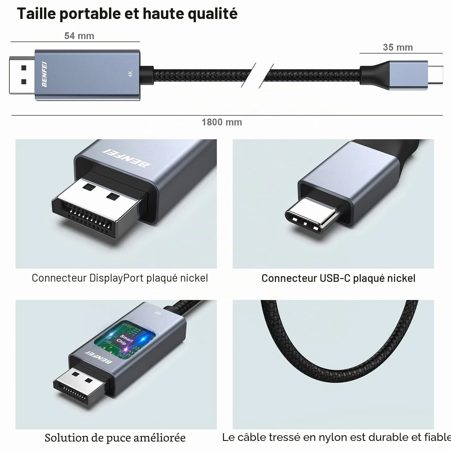 BENFEI Câble USB C vers DisplayPort 8K@60Hz 4K@144Hz, Thunderbolt 3/4, 1.8m Nylon Aluminium
