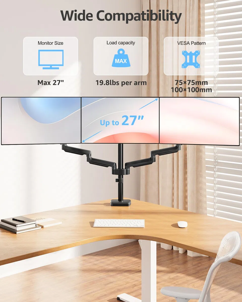 MOUNTUP Support triple moniteur – Support de bureau pour 3 écrans d'ordinateur jusqu'à 27", triple bras de moniteur, support robuste pour moniteurs, chaque bras peut supporter 2 à 9 kg, noir