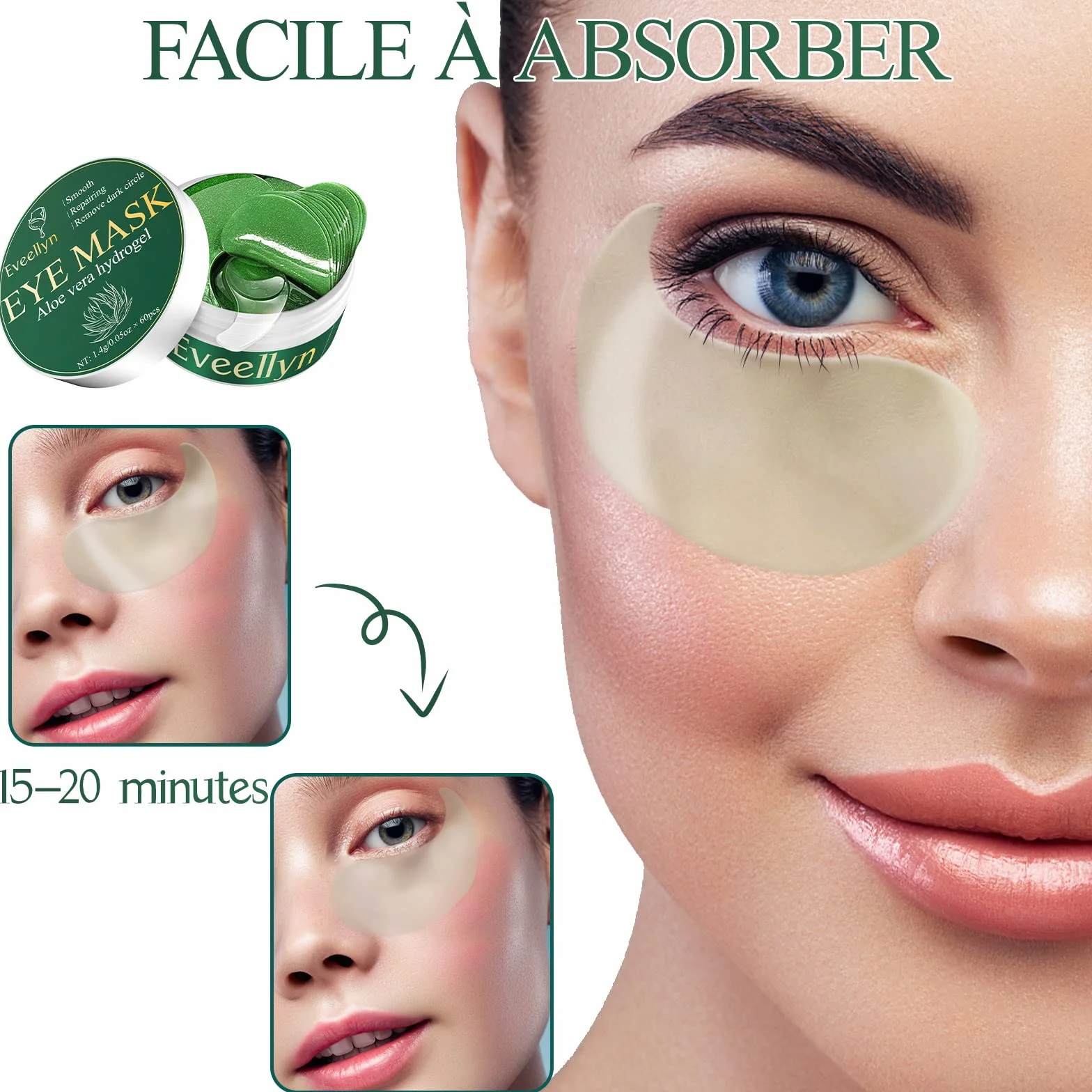 Eveellyn Patch Yeux Anti Cernes Hydratant Anti-âge à L'aloe Vera, 60 pièces