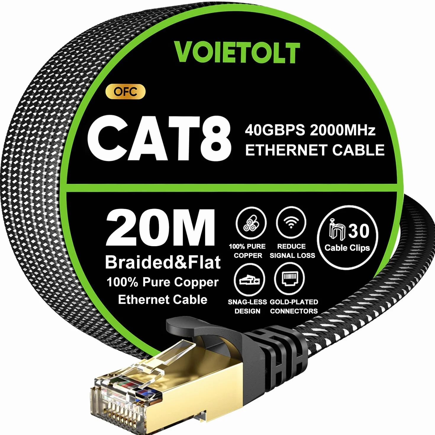 Cat 8 Câble Ethernet 20M, 40Gbps/2000Mhz S/FTP RJ45 Plat Tresse LAN