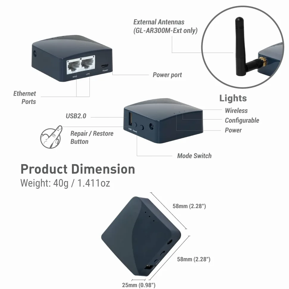 GL.iNet GL-AR300M16-Ext routeur Wi‑FI Voyage OpenWrt 2 Etherne | Mini routeur Wi‑Fi de voyage privé avec OpenWrt, OpenVPN/WireGuard, 2 ports Ethernet, USB 2.0, double antenne, 41 g