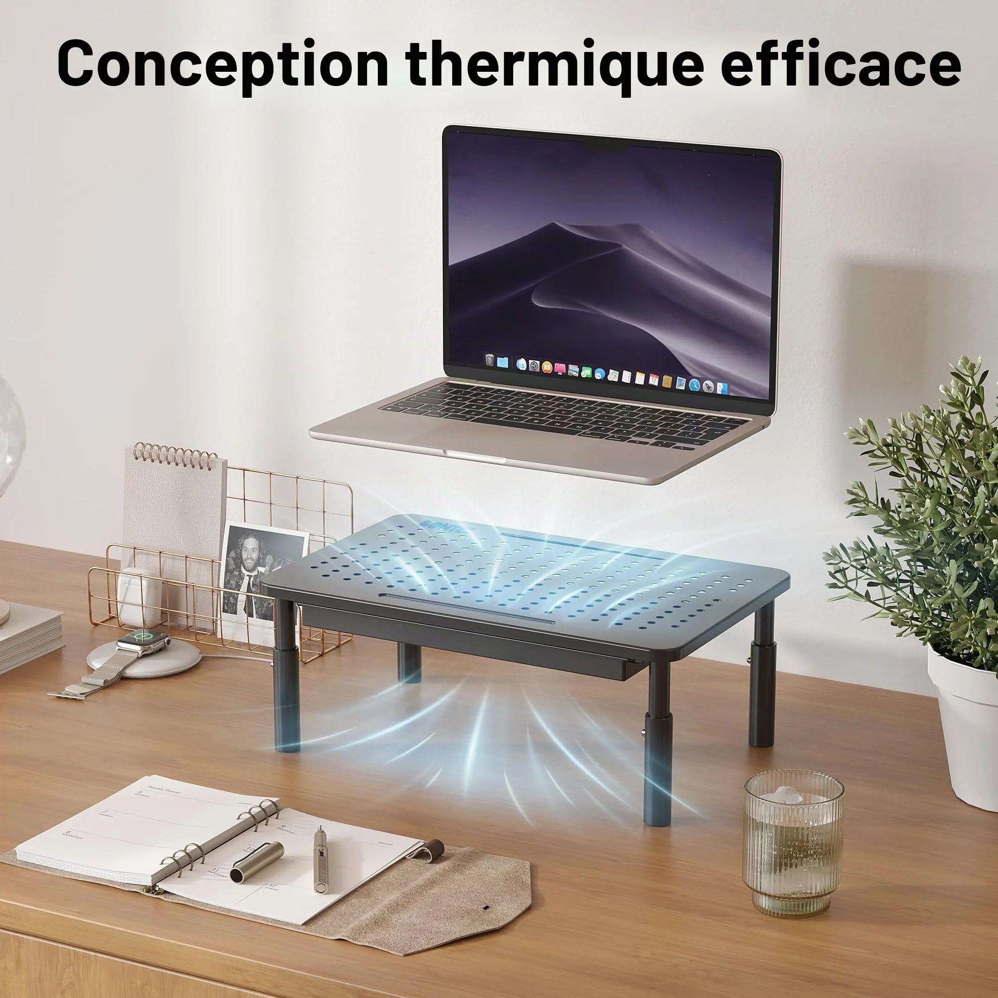 BONTEC Support Moniteur avec Tiroir, 3 Hauteurs Réglables, Rehausseur Ecran Bureau, Plate-Forme Maille 20 kg