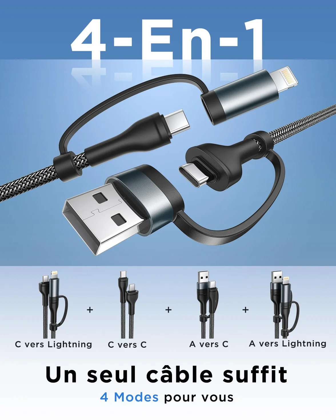 Câble Multi USB 4 en 1 1M Nylon Tressé USB C vers Lightning pour iPhone Galaxy S24 Huawei