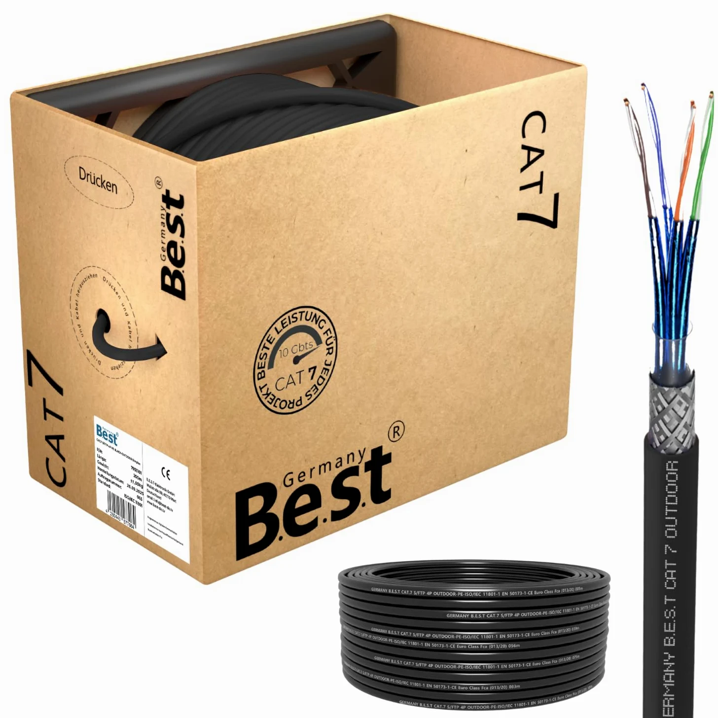 Germany B.e.s.t Simplex Câble de terre CAT 7 200 m Câble réseau LAN Câble Ethernet S/FTP 10 Gbit/s Cat. 7 en cuivre pur PoE+ LSZH