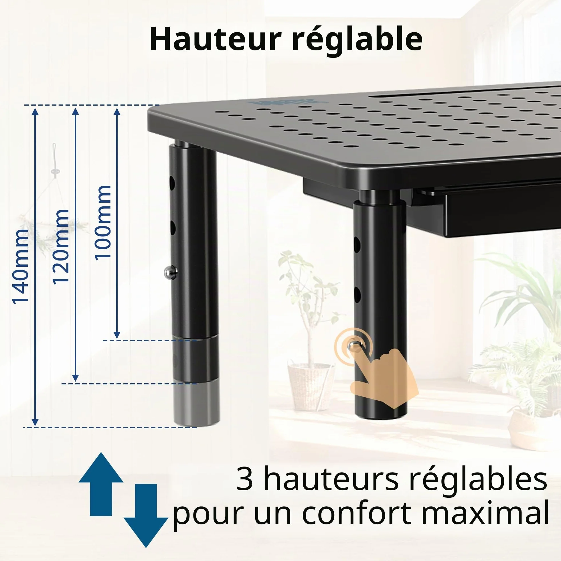 BONTEC Support Moniteur avec Tiroir, 3 Hauteurs Réglables, Rehausseur Ecran Bureau, Plate-Forme Maille 20 kg