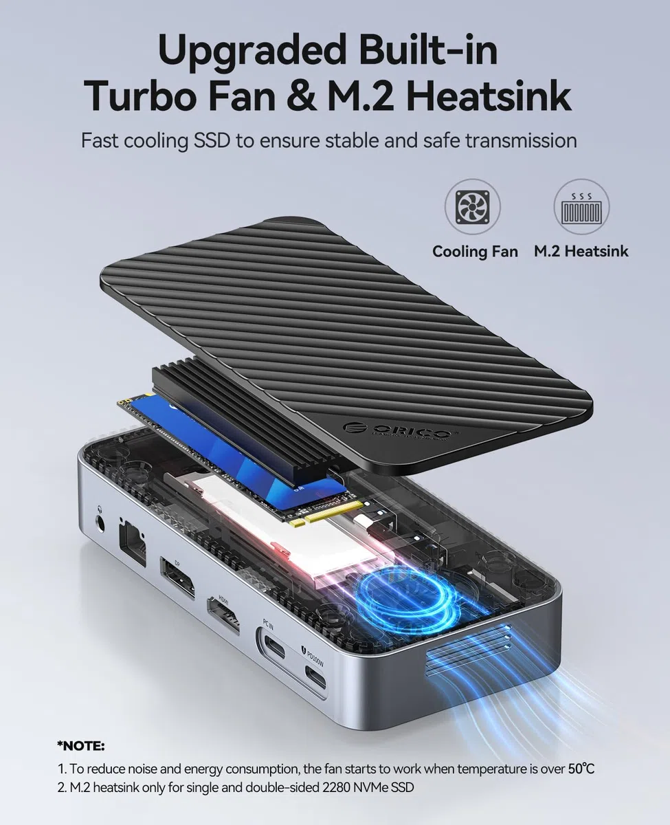 ORICO Hub USB C 12 en 1 avec boîtier M.2 SSD, Station d'accueil USB-C sans Outil avec Ventilateur, Docking Station HDMI,DP,RJ45,100 W PD, SD/TF, Audio/Mic, USB A&C 10 Gbps USB A&C 2 x 5 Gbps USB A