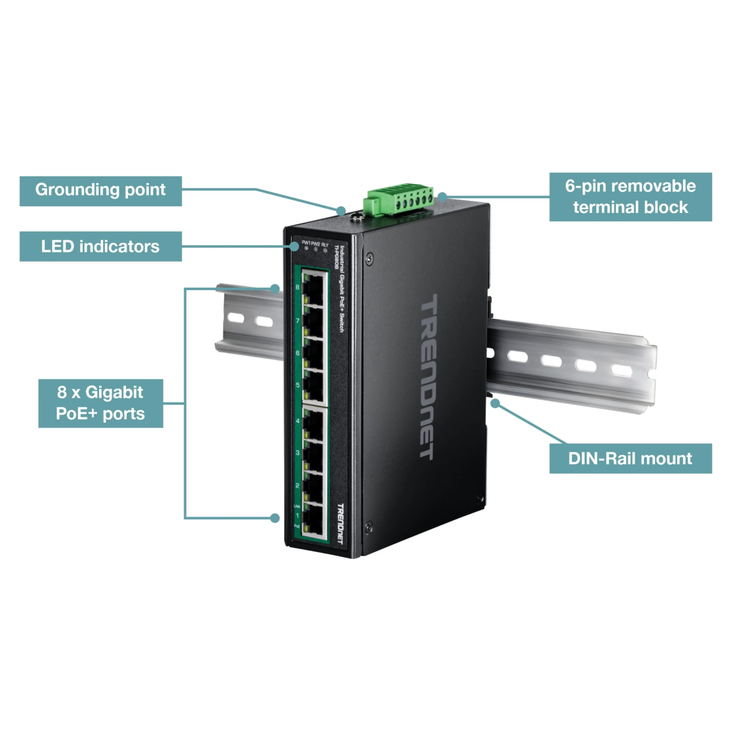 8-PORT INDUSTRIAL GIGABIT POE+ DIN-RAIL SWITCH (24-56V)