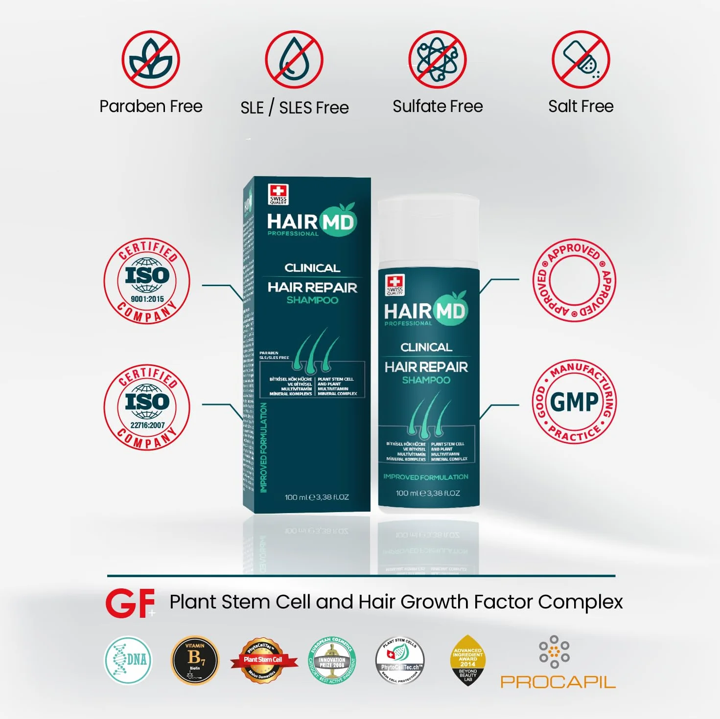 HairMD Transplant Clinical Repair Shampoo 100ml Biotin for Hair Growth Protects Post-Transplant Scalp Reduces Itching Redness Prevents Hair Loss