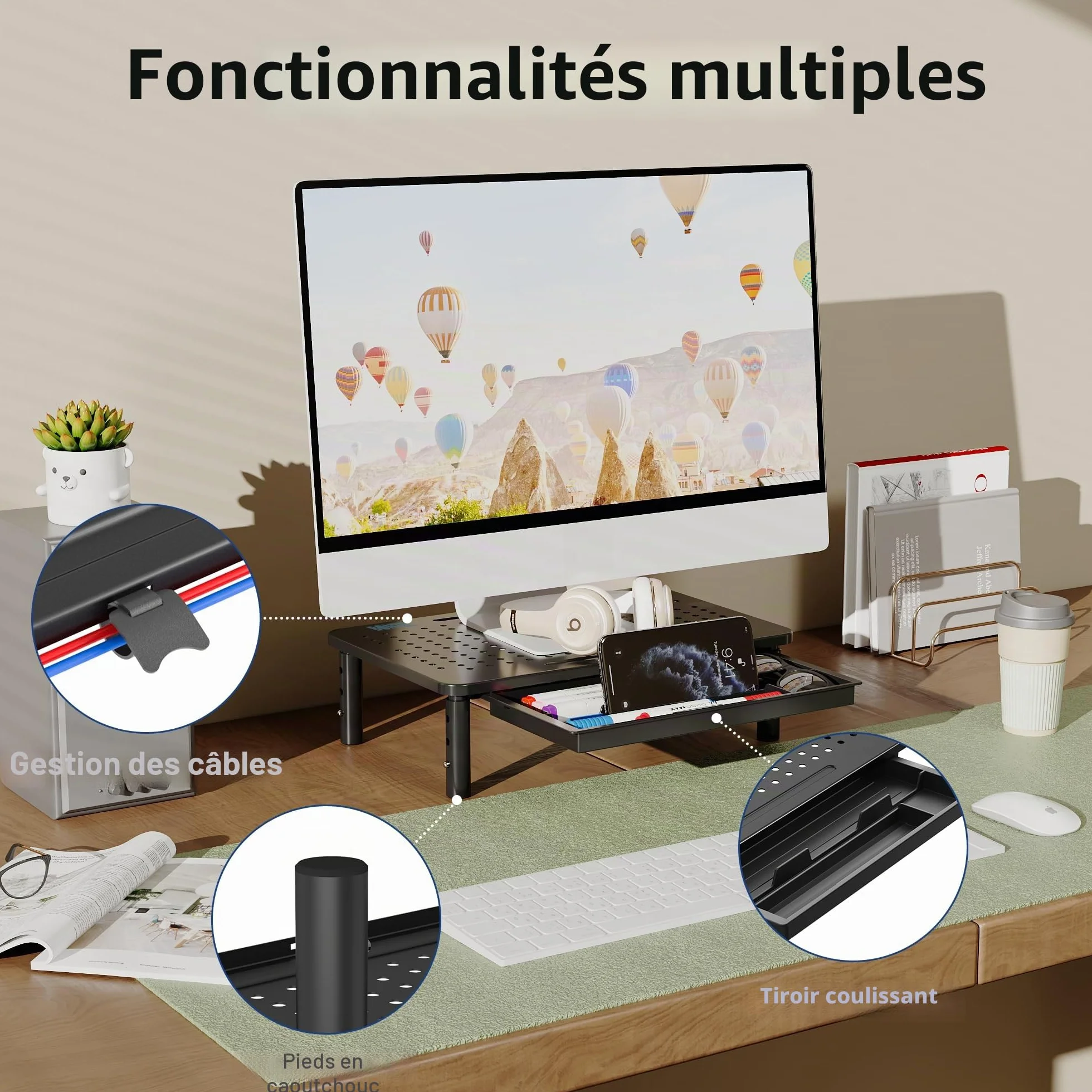 BONTEC Support Moniteur avec Tiroir, 3 Hauteurs Réglables, Rehausseur Ecran Bureau, Plate-Forme Maille 20 kg