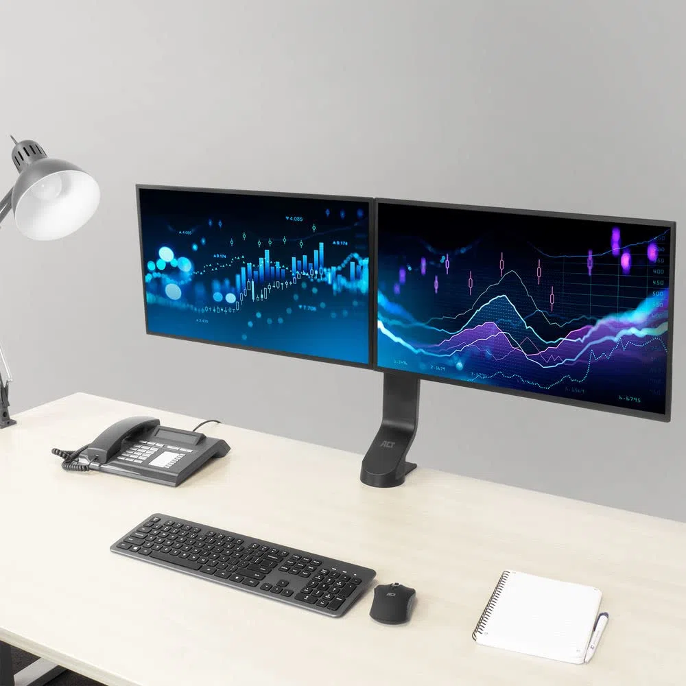 ACT AC8322 Barre transversale de Bras pour écran Double jusqu'à 32", Hauteur réglable avec vis moletée, VESA 75/100 mm, Support de Bureau pour Moniteur, inclinable à 30°, Rotation à 30°, Rotation à