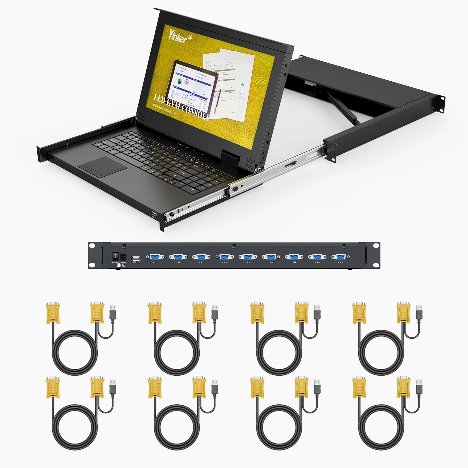 Console KVM VGA 8 ports 15,6" Écran LCD VGA Commutateur KVM Compatible avec Rack 1U 19" 600 mm de profondeur 600 mm avec clavier Touchpad Tiroir Câble KVM