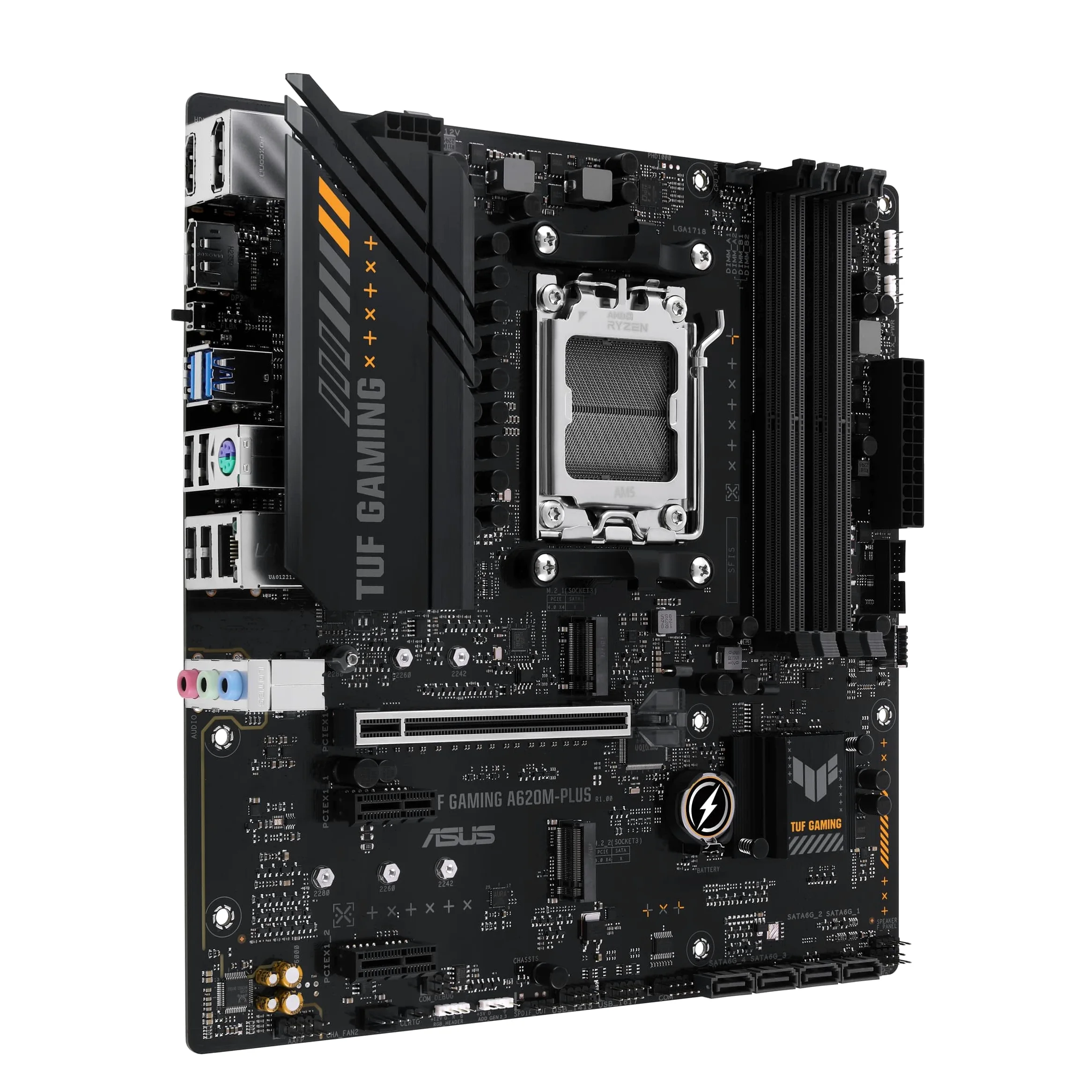 ASUS TUF GAMING A620M-PLUS – Carte mère AMD AM5 A620 microATX (DDR5, PCIe 4.0, 2 x M.2, Realtek 2.5Gb Ethernet, 2 x DisplayPort, HDMI, USB 3.2 Gen 1, SATA 6 Gbps, M.2 Q-Latch, Arua Sync RGB)