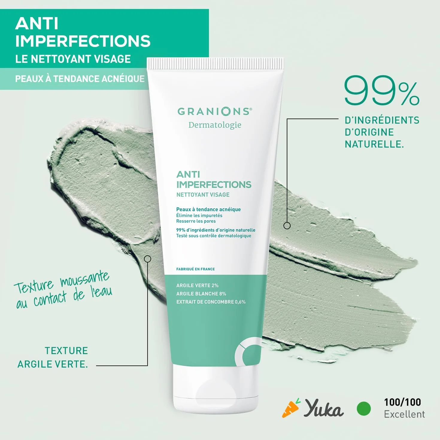 GRANIONS Nettoyant Visage Anti Imperfections 150g - Argile Verte, Argile Blanche, Vitamine C