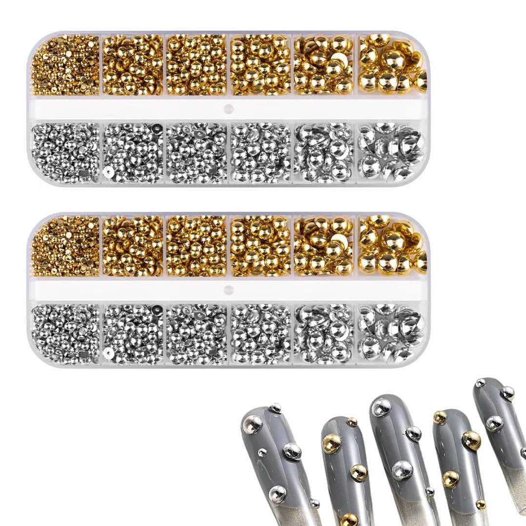 Boîte 3D Flatback Perle Ongle Argent et Or, Demi-Rondes Métal Perle Bijoux Nail Art