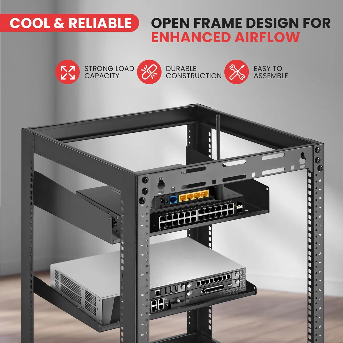 Armoire réseau 15U pour Serveur – Rack à Cadre Ouvert, Montage Mural, Conception Robuste pour serveurs et équipements audiovisuels | Compatible avec l'équipement Standard de 48,3 cm (Noir)