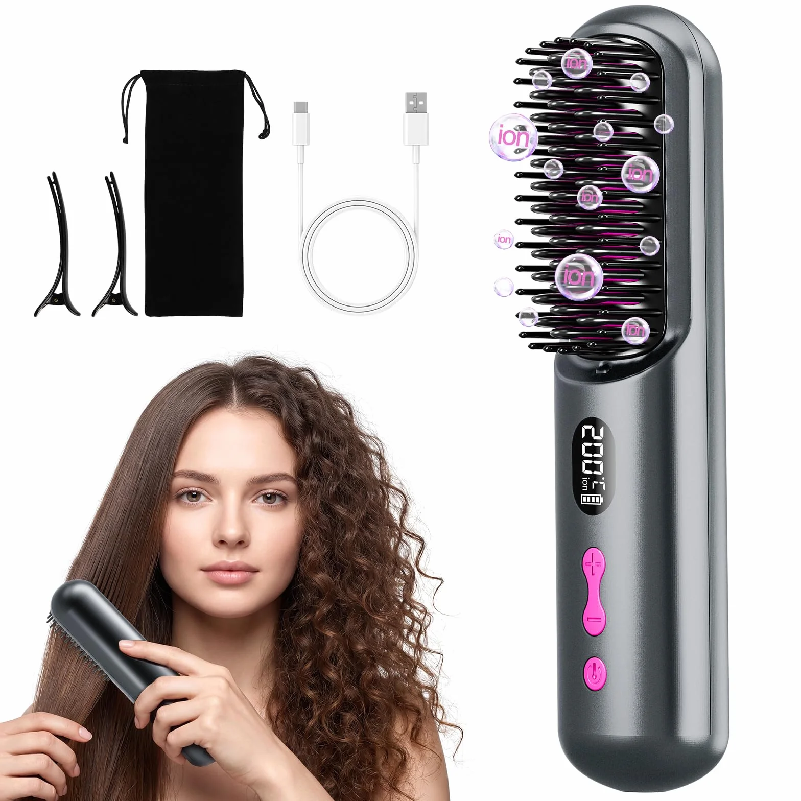 Brosse lissante sans fil rechargeable USB 9600 mAh ion négatif chauffante gris