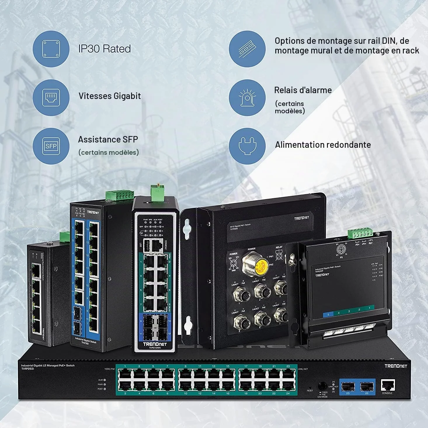 TRENDnet, TI-PG541, Commutateur réseau Gigabit PoE+ Industriel renforcé à 5 Ports, Alimentation 120 W, 1 Emplacement SFP, Indice de Protection IP30, Non géré, Noir