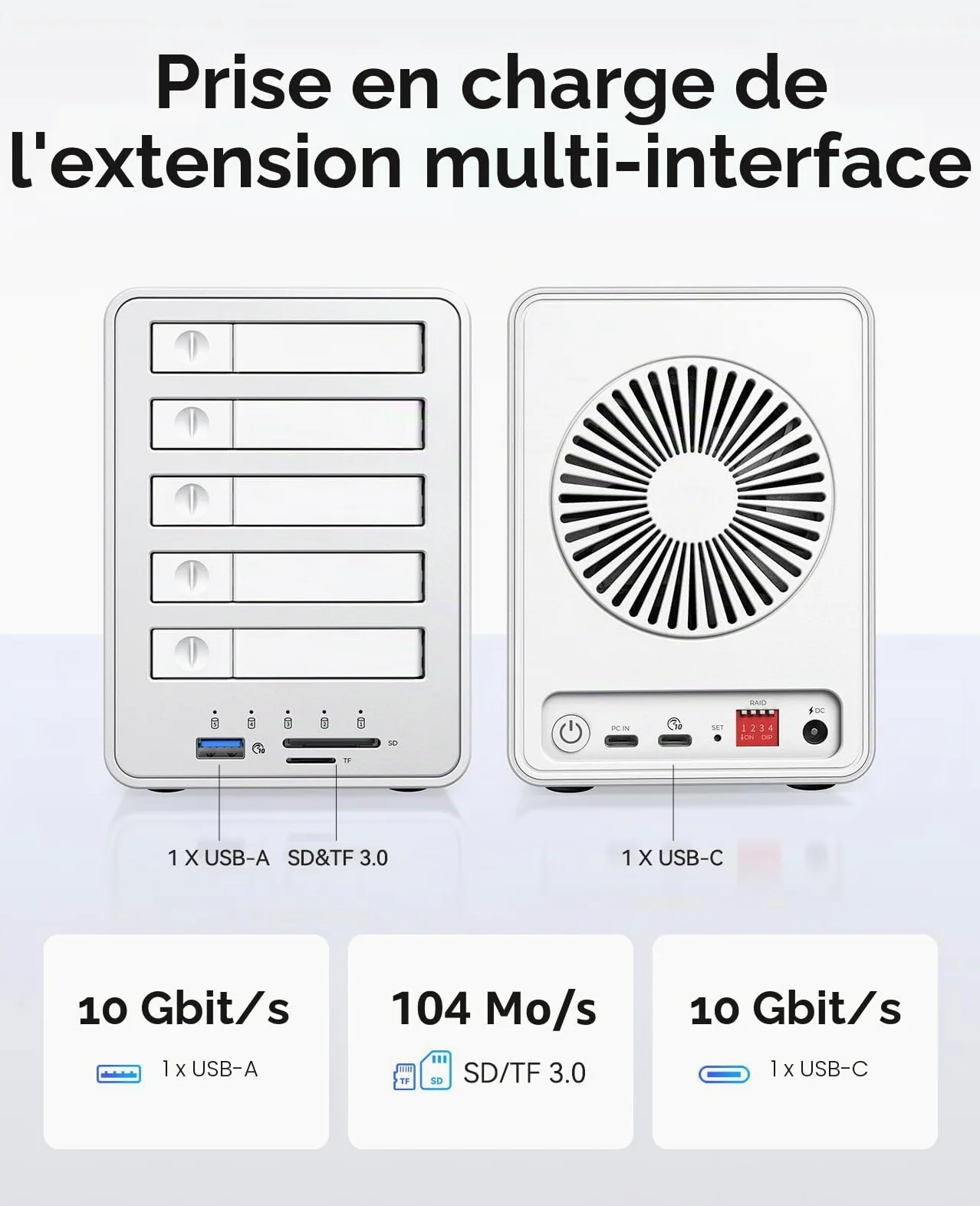 ORICO All-Flash Boîtier pour Disque Dur Raid 5 Baies Compatible 2.5 SATA HDD/SSD avec USB 3.2 Gen 2 10 Gbps, Extension Daisy Chain et 7 Modes Raid, Prise en Charge SATA SSD/HDD-2,5" 7 mm/9,5-8858RC3