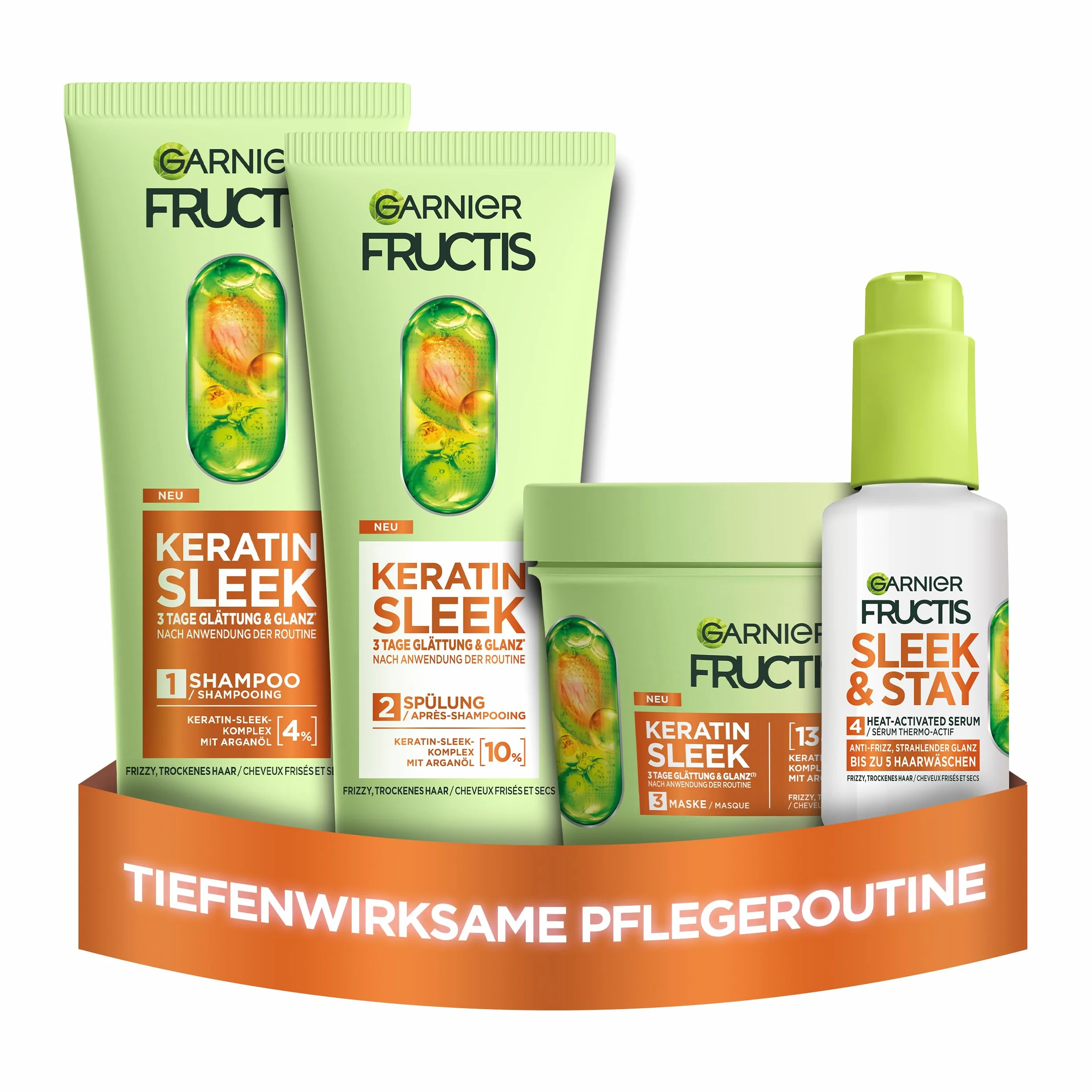 Garnier Fructis Keratin Sleek Kit de soin shampooing après-shampoing masque sérum huile d'argan kératine cheveux secs frisottis