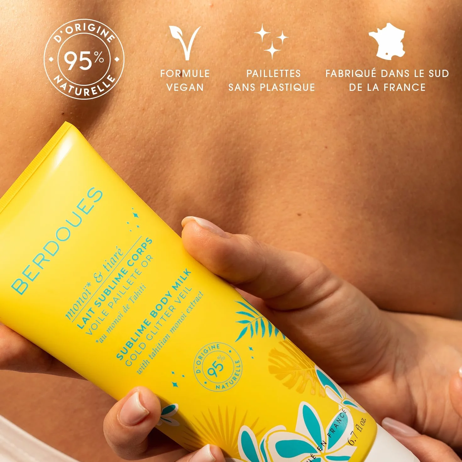 BERDOUES Brume parfumée protectrice cheveux 100 ml Lait corps pailleté 200 ml Parfum Monoï Tiaré femme 95% naturelle Vegan Made in France