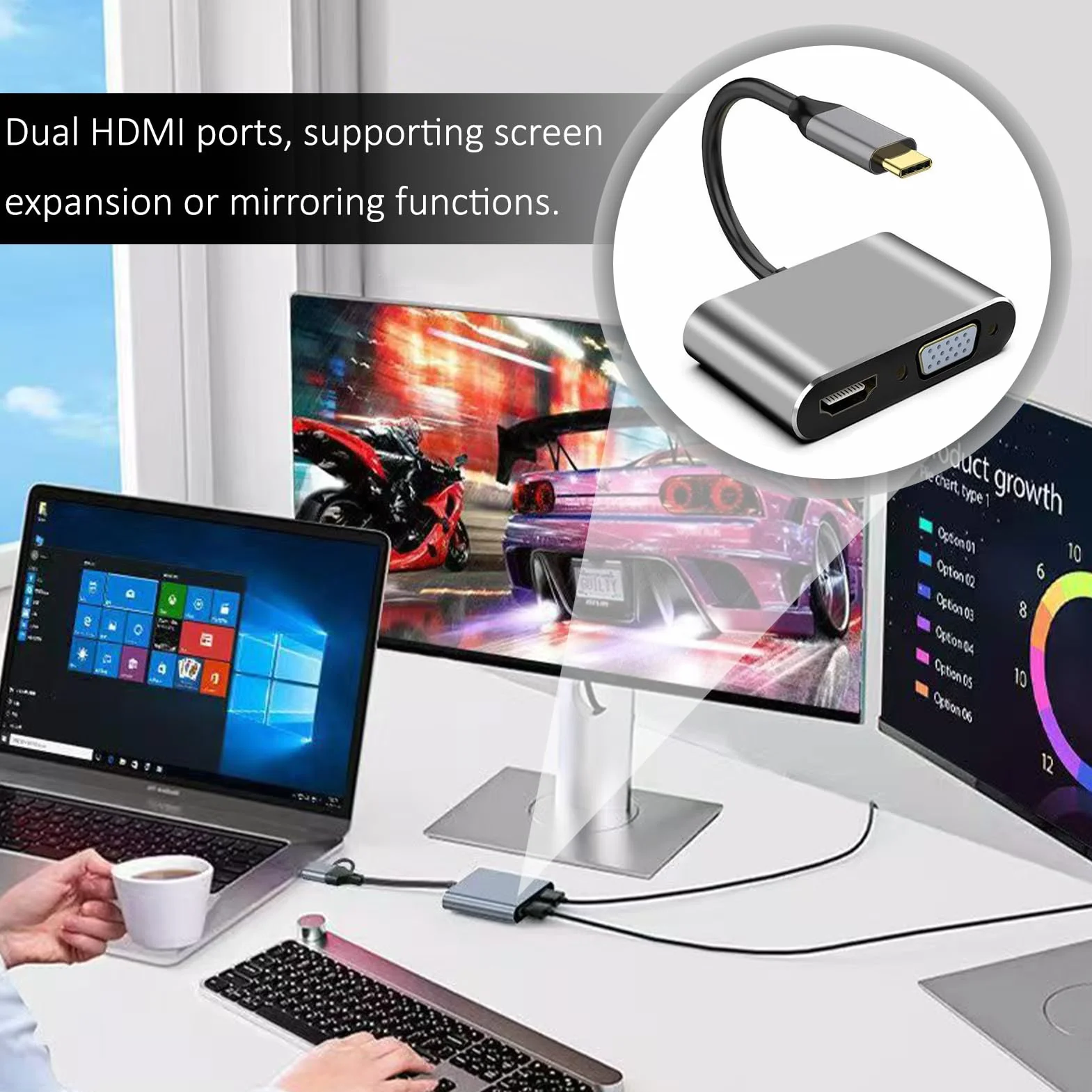 Adaptateur USB C vers HDMI VGA USB 3.0 PD 4 en 1 Hub Multiport Charge 100W pour MacBook Chromebook HDTV