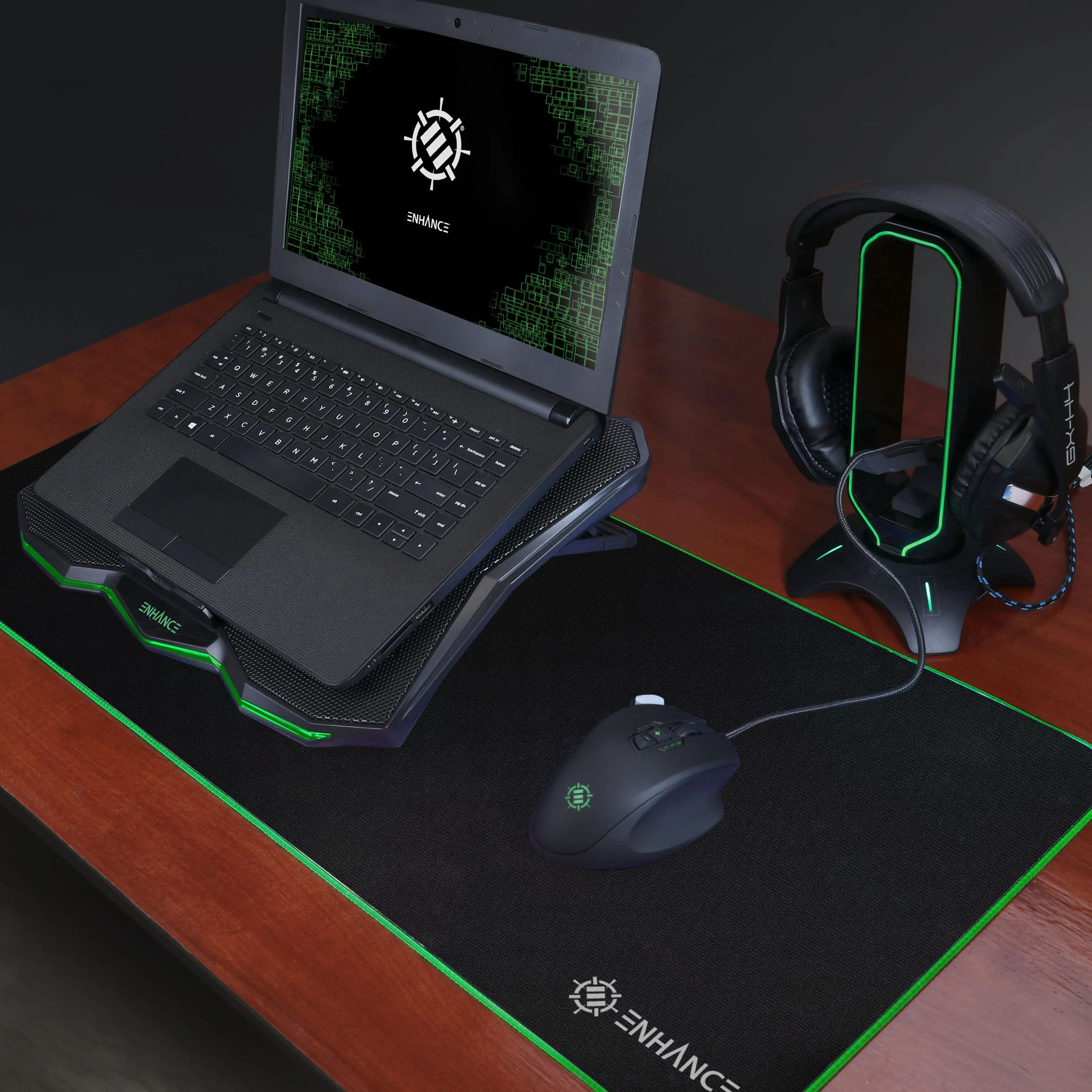 ENHANCE Support Refroidisseur PC Portable Plaque de Refroidissement 1 Ventilateur LED Vert 2 Ports USB Compatible Ordinateur Portable Notebook 17 Pouces 40 x 30.4 cm