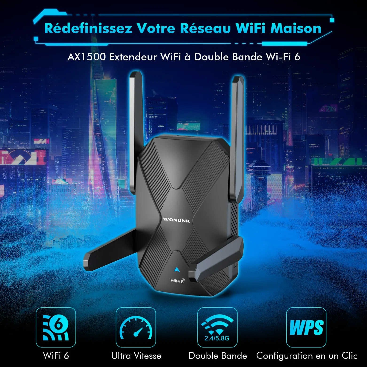 Répéteur WiFi 6 Puissant AX1500 Mbps, Amplificateur WiFi | Double Bande Repetiteur WiFi Puissant avec WPS, Port LAN, 4 Antenne, Soutenir 3 Mode, Compatible avec Toutes Les Box Internet