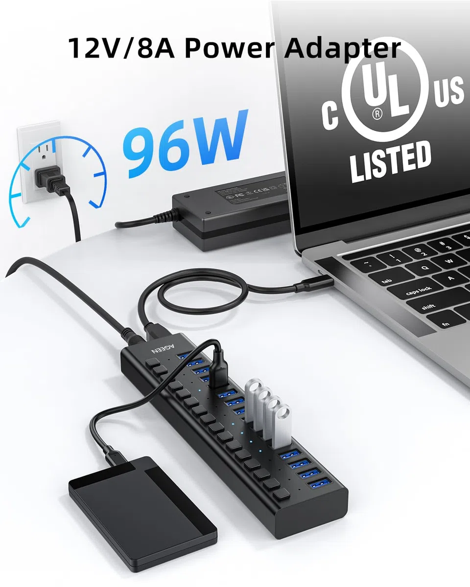Hub USB 3.0 avec alimentation, répartiteur de hub USB C à 16 ports, 16 USB-A 3.2 10 Gbit/s avec commutateurs individuels, adaptateur d'alimentation certifié UL 12 V 8 A 96 W pour ordinateur portable