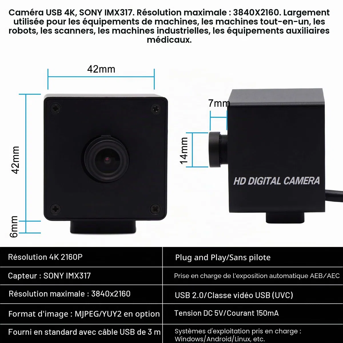 ELP Caméra 5 MP avec Obturateur Global 50 FPS, Swing de Golf Haute Vitesse, Webcam USB avec Objectif Couleur Grand Angle Sans Distorsion pour Machines Industrielles Ralenties