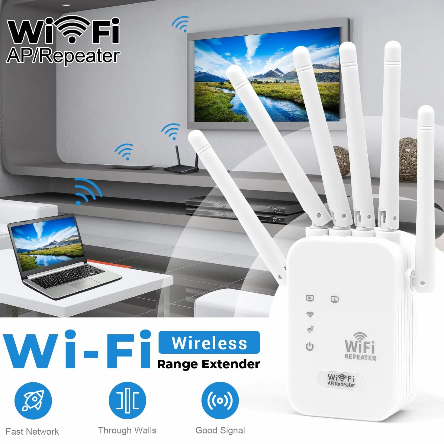 Amplificateur WiFi 6 Antennes 2 Ports Ethernet, Répéteur WiFi Puissant Longue Portée, Compatible Fibre Toutes Box
